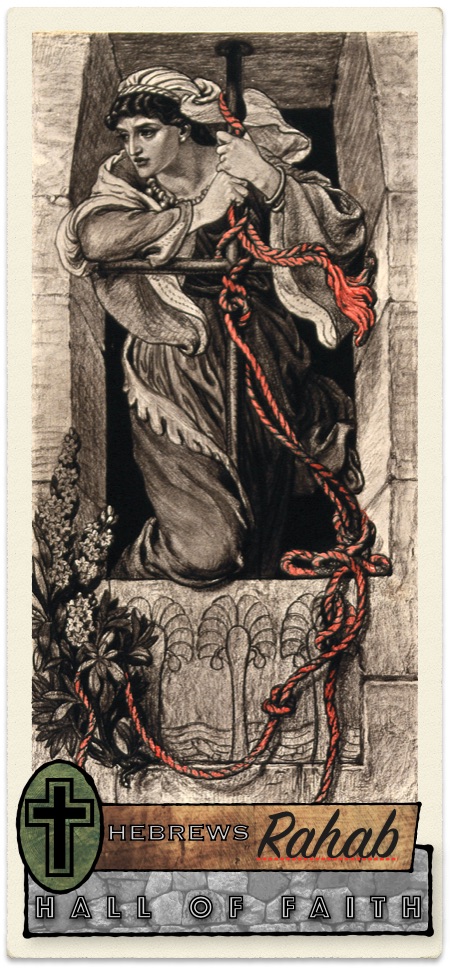 [“Rahab hangs the scarlet cord from her window.” Autotype after F.J. Shields (1877). (CC-BY-4.0 via wikimediacommons) (changes — framing, labeling, and colorizing red cord)]